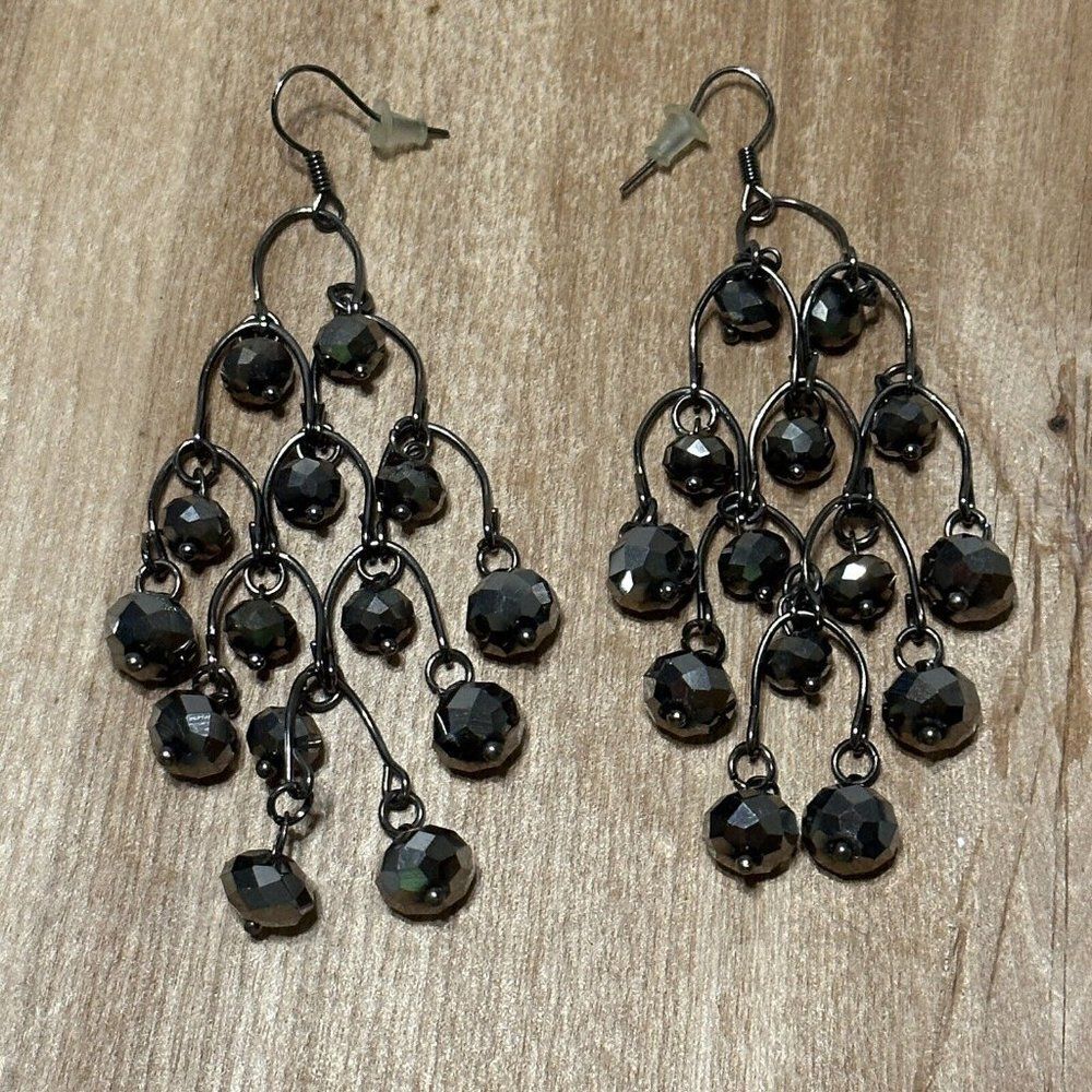 Black Silver Shimmer Multifaceted Beaded Chandelier Statement Earrings dangle